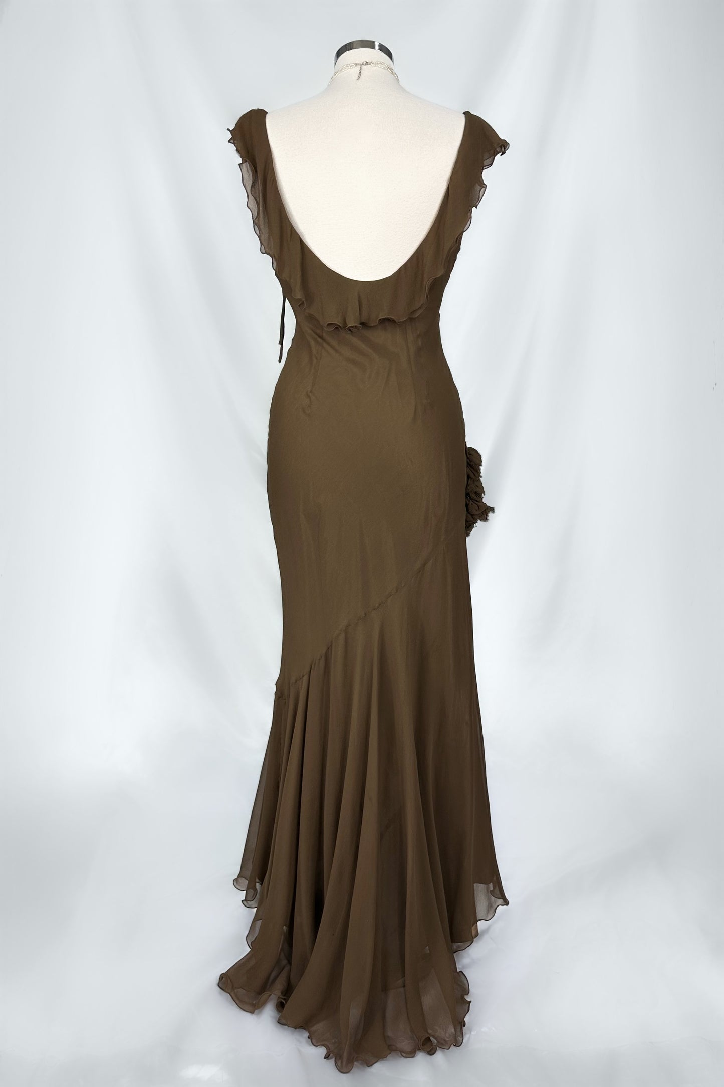 MOCHA BROWN ROSETTE SILK RUFFLE MIDAXI DRESS