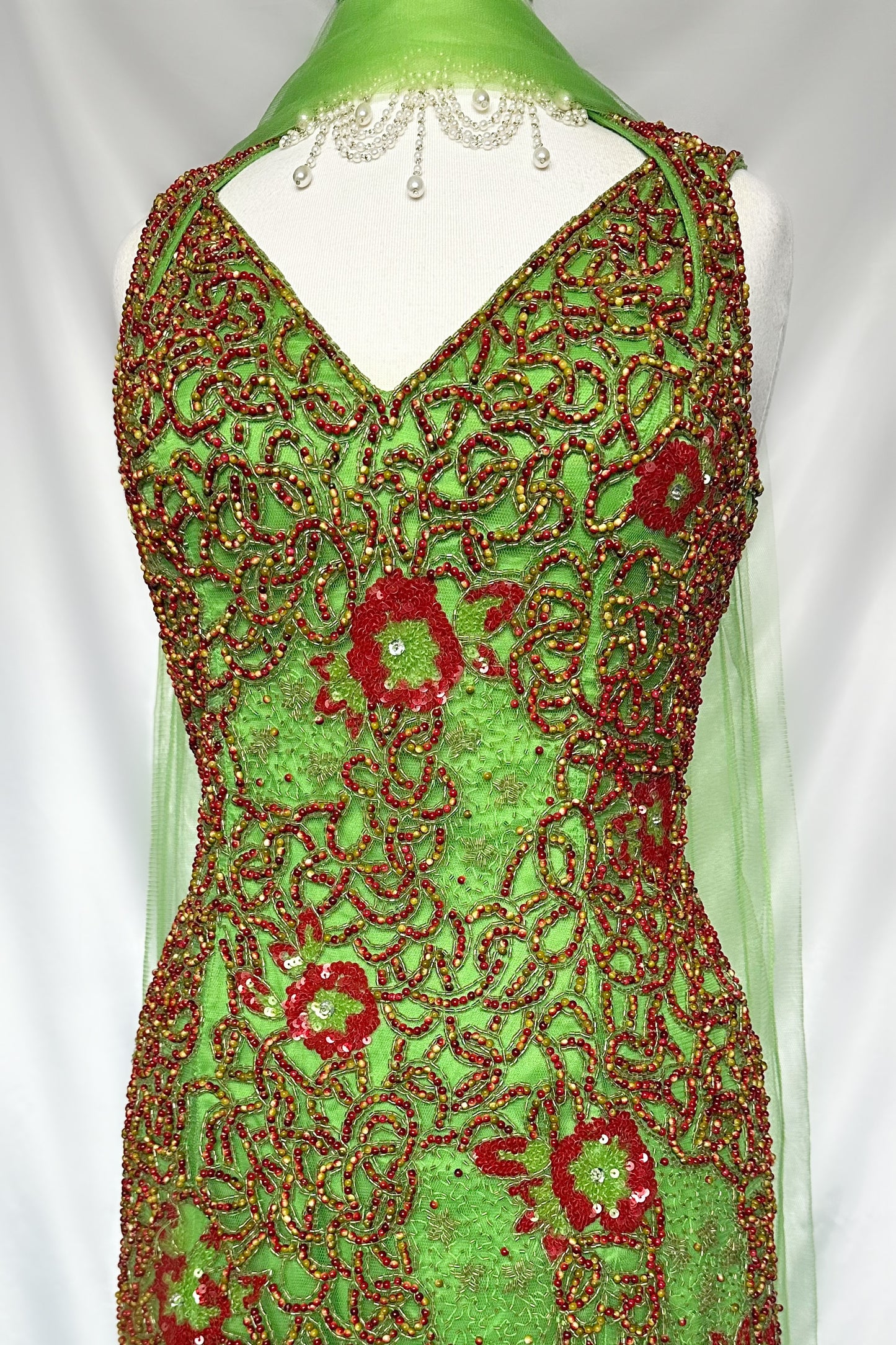 LIME GREEN MESH EMBELLISHED WATERFALL GOWN WITH MATCHING SCARF