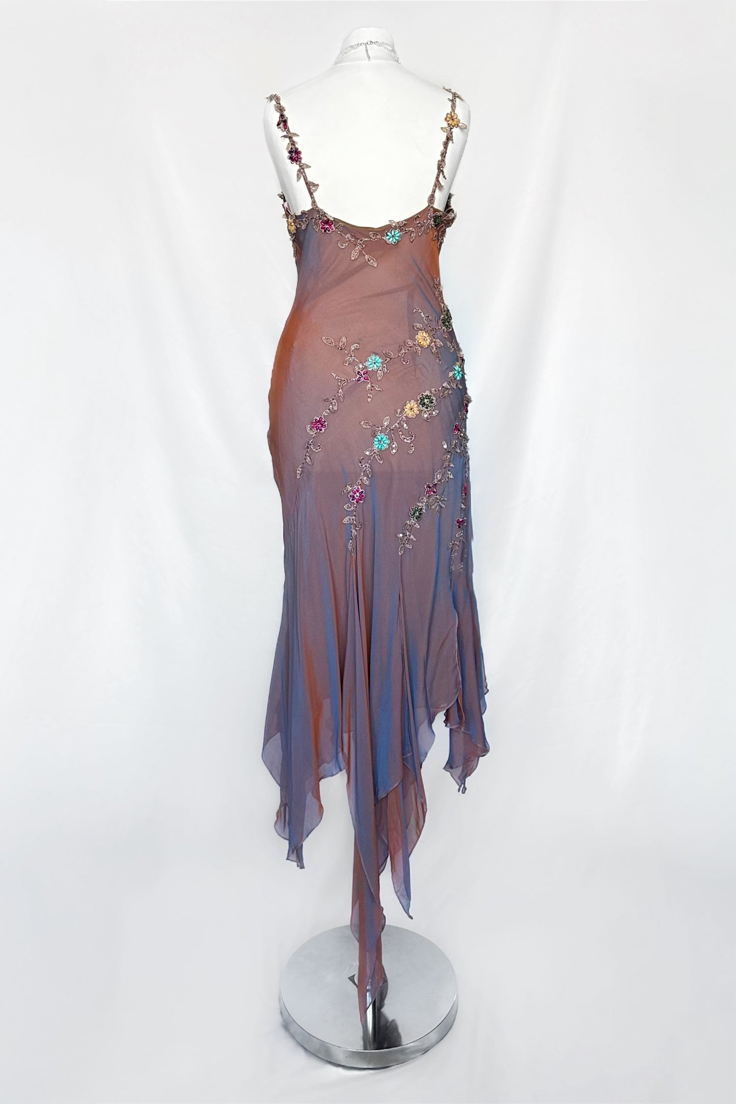 IRIDESCENT DUSK FLORAL EMBELLISHED ASYMMETRICAL MIDI DRESS