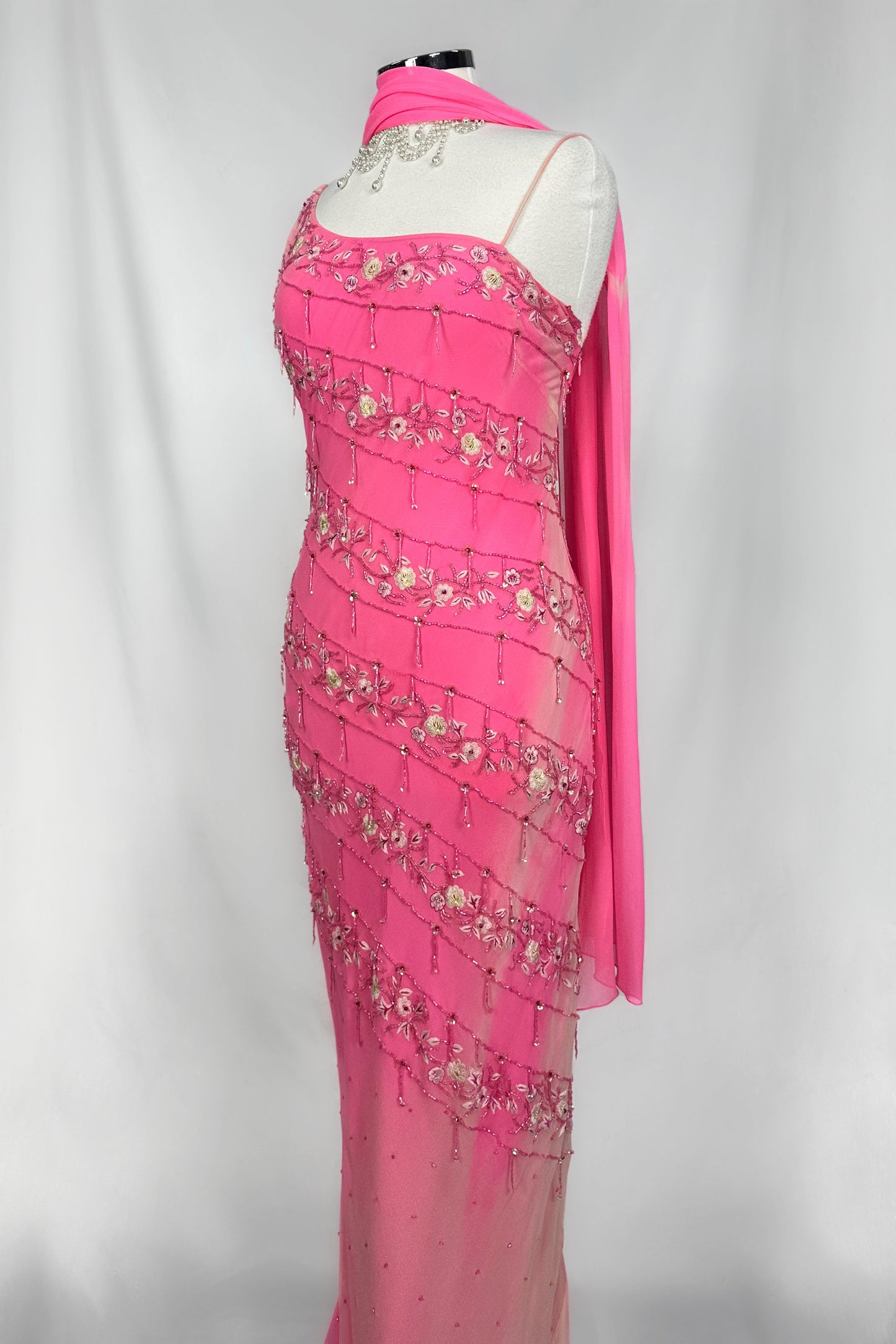 FLORAL CASCADE PINK EMBELLISHED SILK MIDI DRESS & SCARF SET