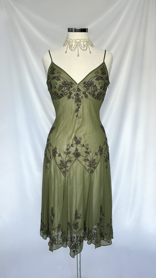 GREEN ETHEREAL EMBELLISHED MESH MIDI DRESS
