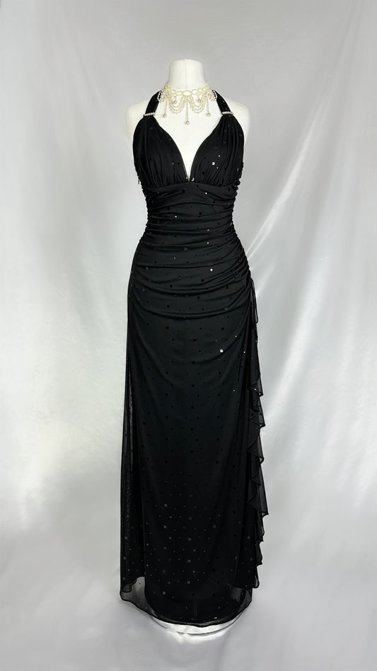 NOIR GLIMMER MESH HALTER NECK MAXI DRESS