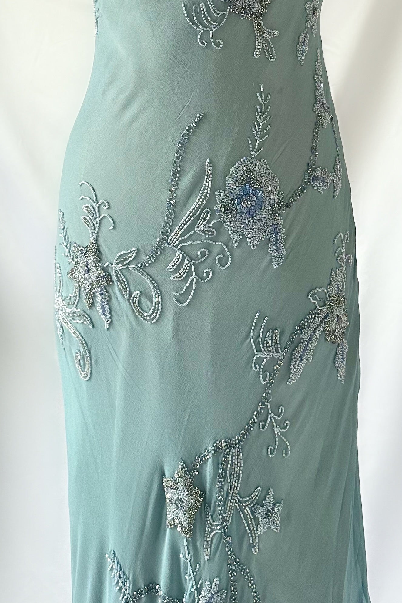 ICE BLUE ASYMMETRICAL FLORAL EMBELLISHED MIDI DRESS