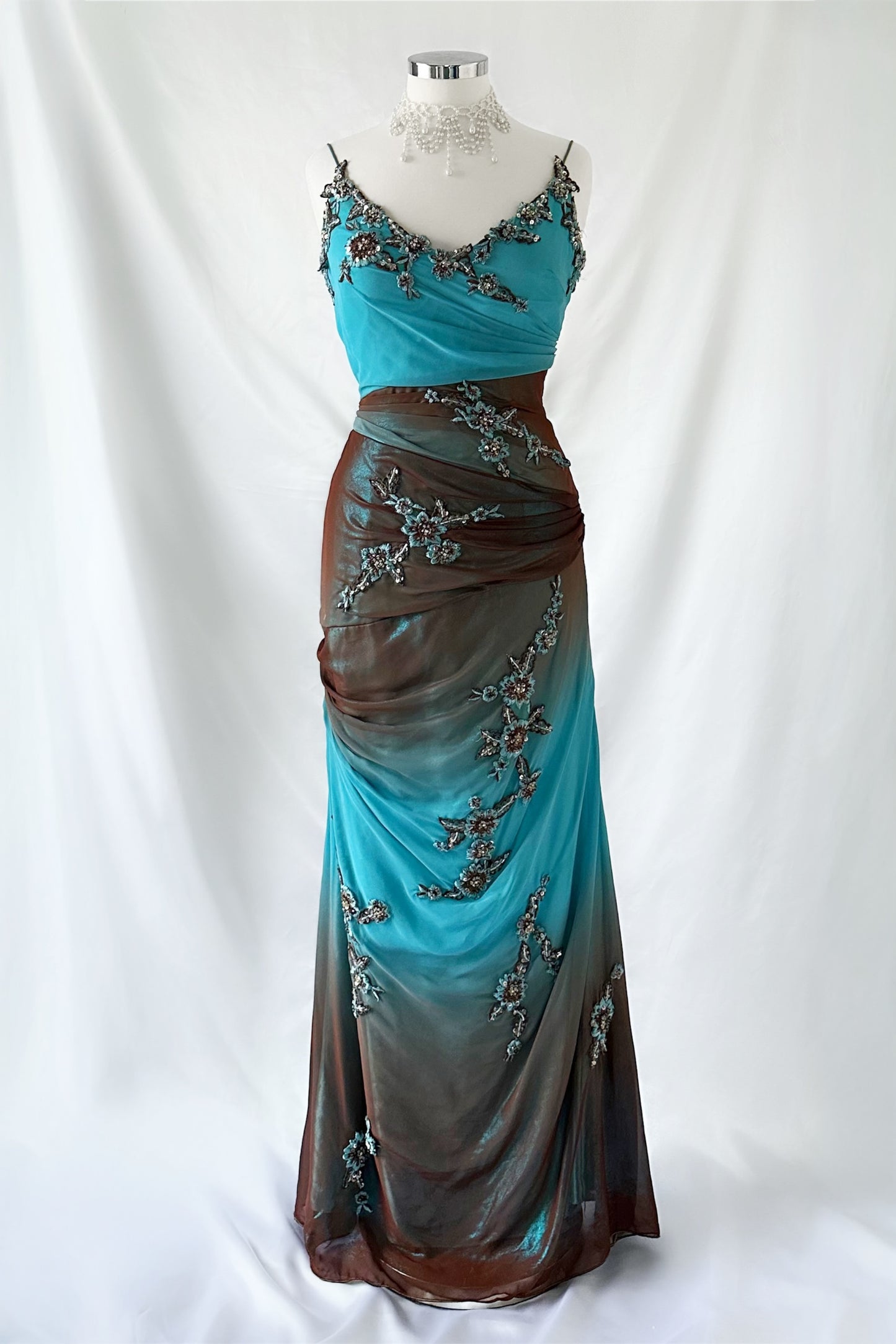 ENCHANTED COCOA & BLUE IRIDESCENT DRAPED GOWN