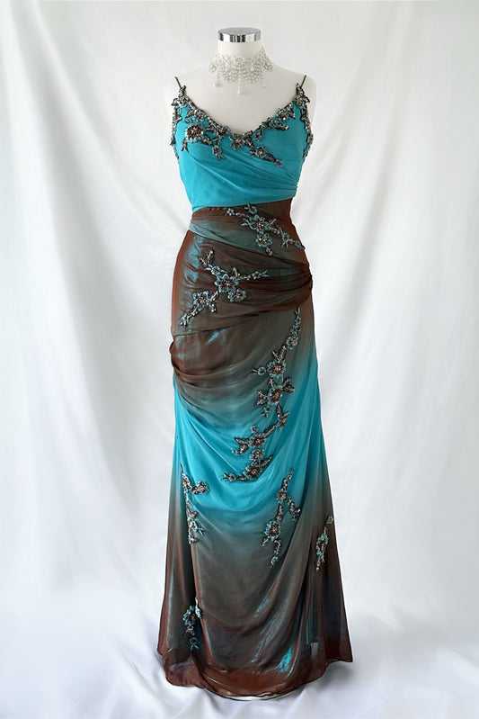 ENCHANTED COCOA & BLUE IRIDESCENT DRAPED GOWN