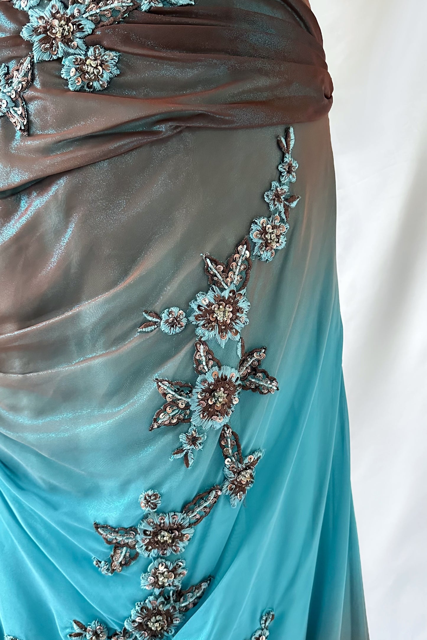 ENCHANTED COCOA & BLUE IRIDESCENT DRAPED GOWN