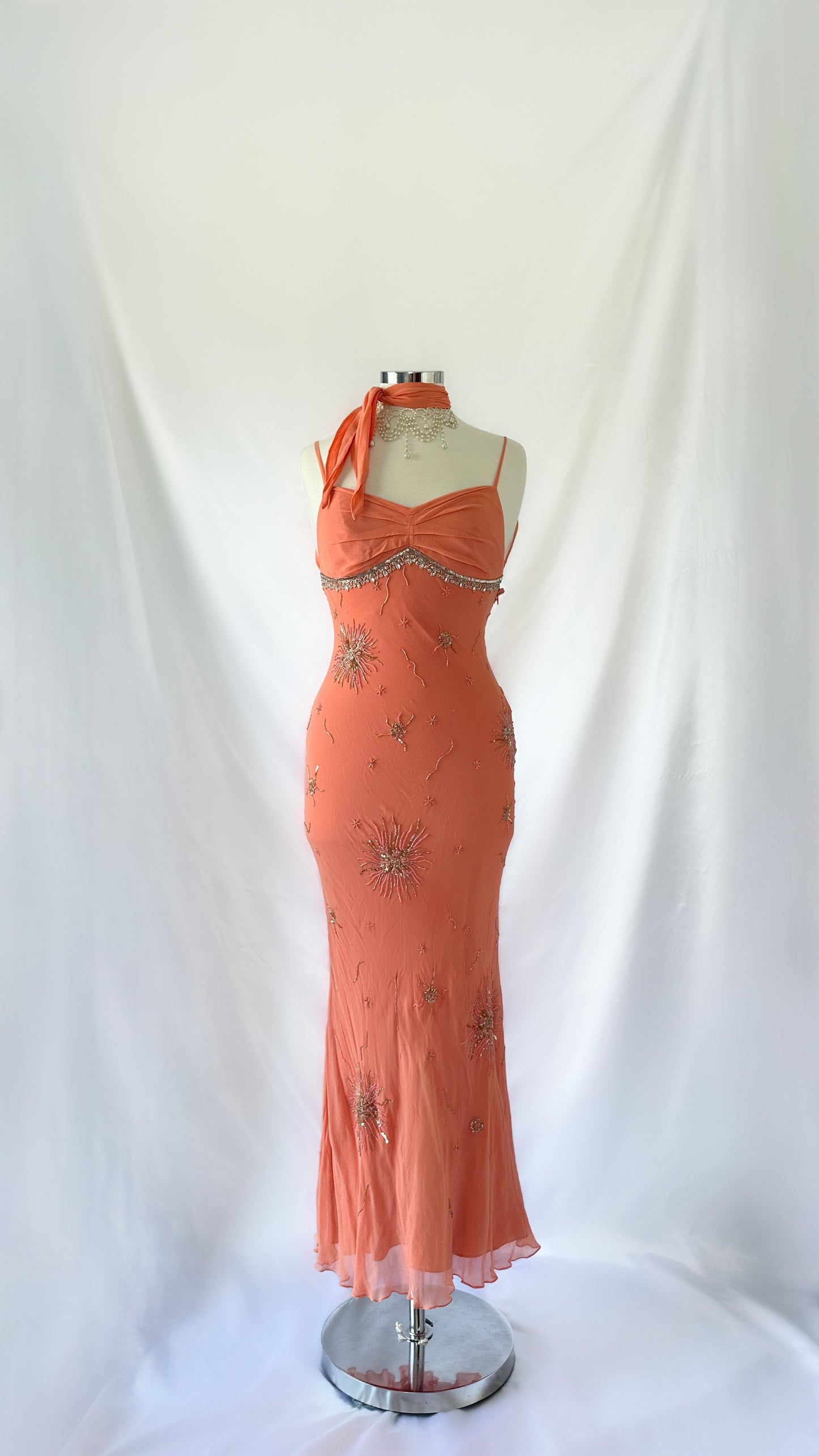 PEACHY EMBELLISHED SILK BACKLESS DRESS & MINI SCARF SET