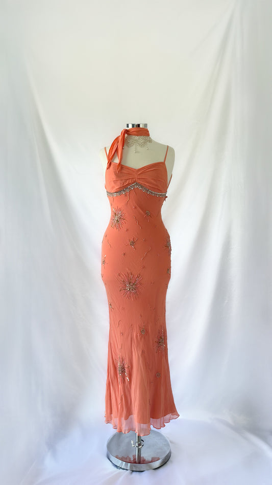 PEACHY EMBELLISHED SILK BACKLESS DRESS & MINI SCARF SET