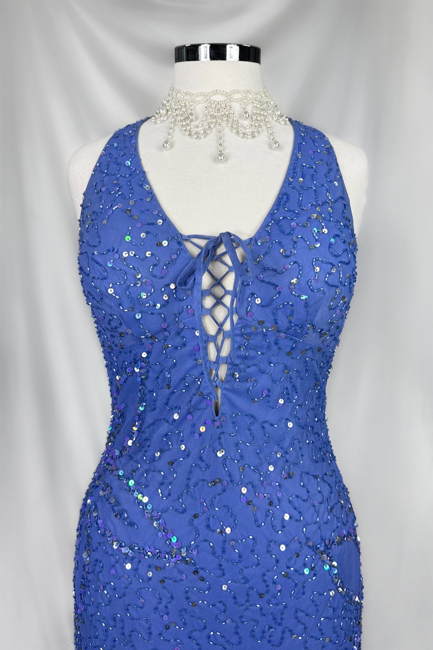 90s PROM QUEEN DARK PERIWINKLE EMBELLISHED BACKLESS MAXI DRESS