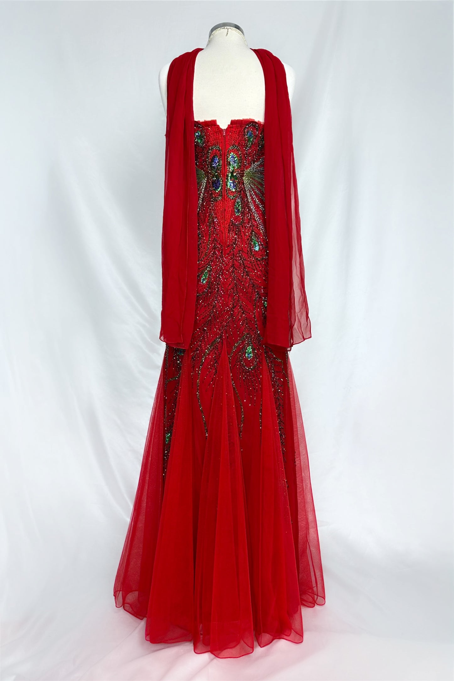 RUBY EMBELLISHED PEACOCK SILK STRAPLESS GOWN WITH MATCHING SCARF