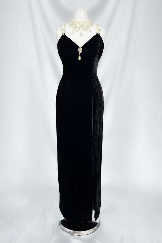DRAPED IN PEARLS 90s CRUSHED VELVET GOWN