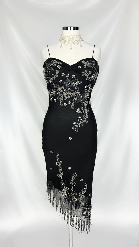 Noir Blossom Silk Embellished Jellyfish Midi Dress
