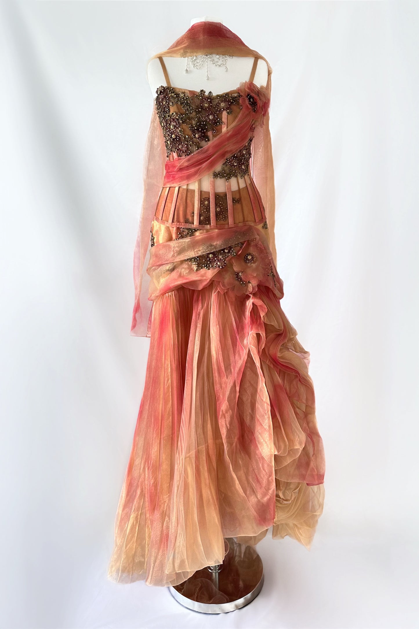 THE GOLDEN ROSE MESH CORSET, SKIRT & SCARF SET