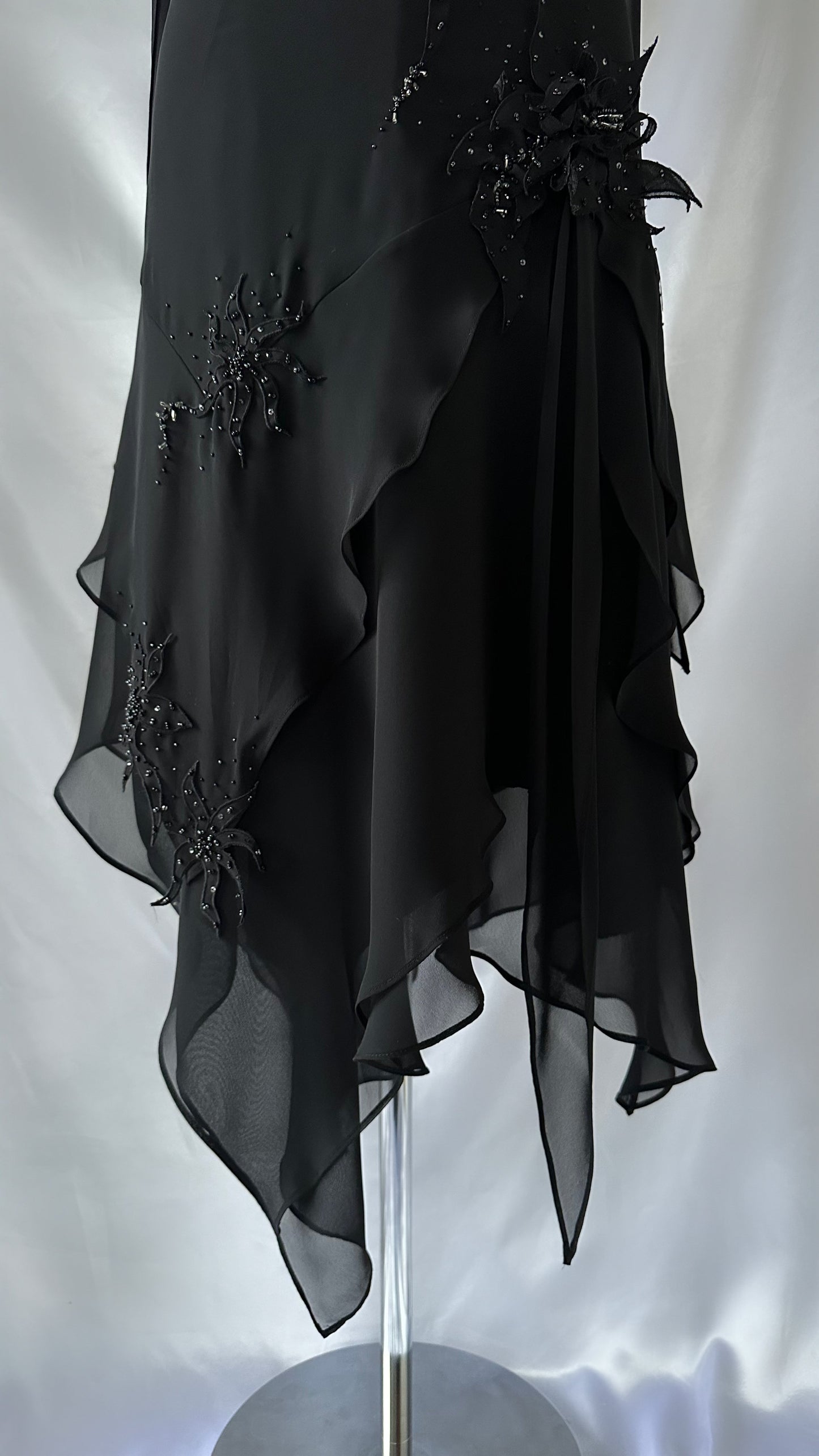 NOIR FLOWER EMBELLISHED ASYMMETRICAL DRESS & SCARF SET