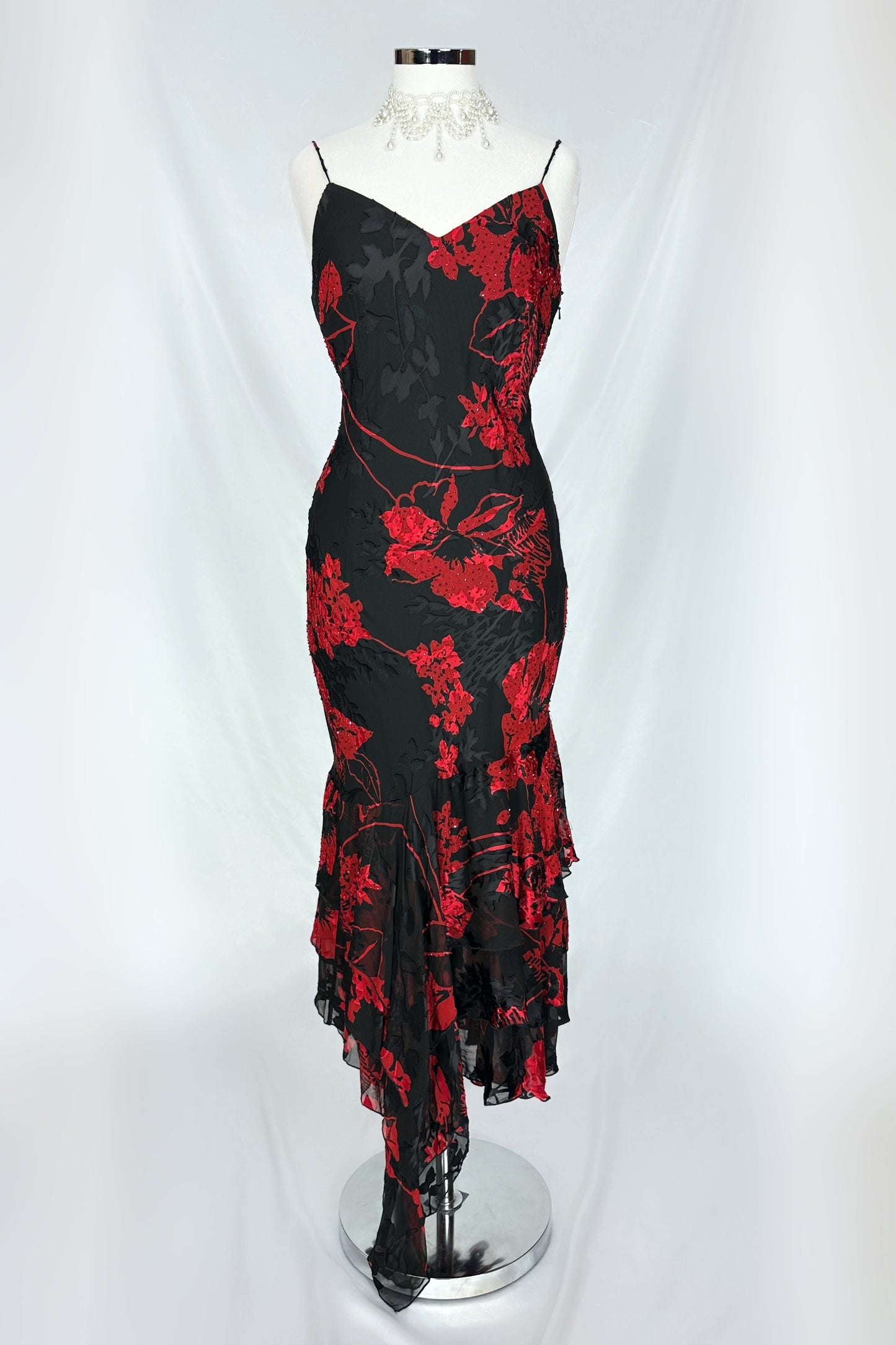 Red Dahlia Floral Embellished Silk Devore Midi Dress