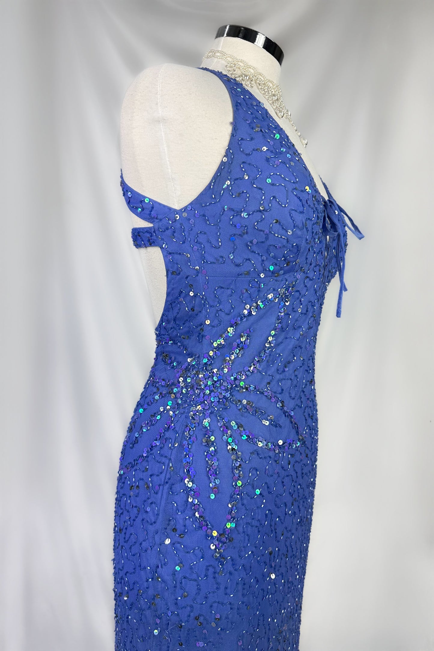 90s PROM QUEEN DARK PERIWINKLE EMBELLISHED BACKLESS MAXI DRESS