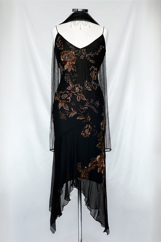 Copper Rose Embellished Silk Asymmetrical Midi Dress With Shawl