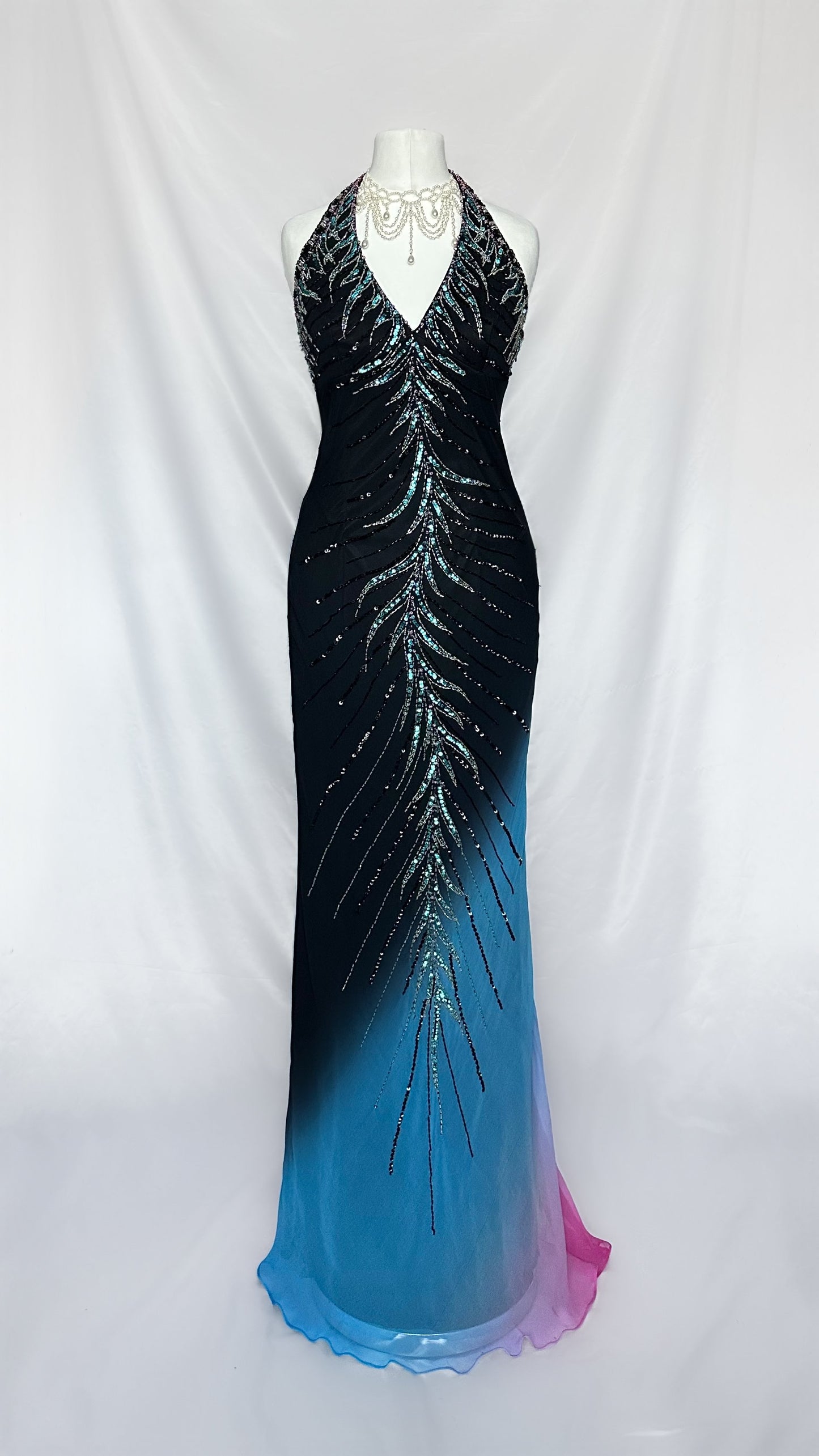 STARBURST BLACK SILK OMBRÉ EMBELLISHED HALTER MAXI DRESS