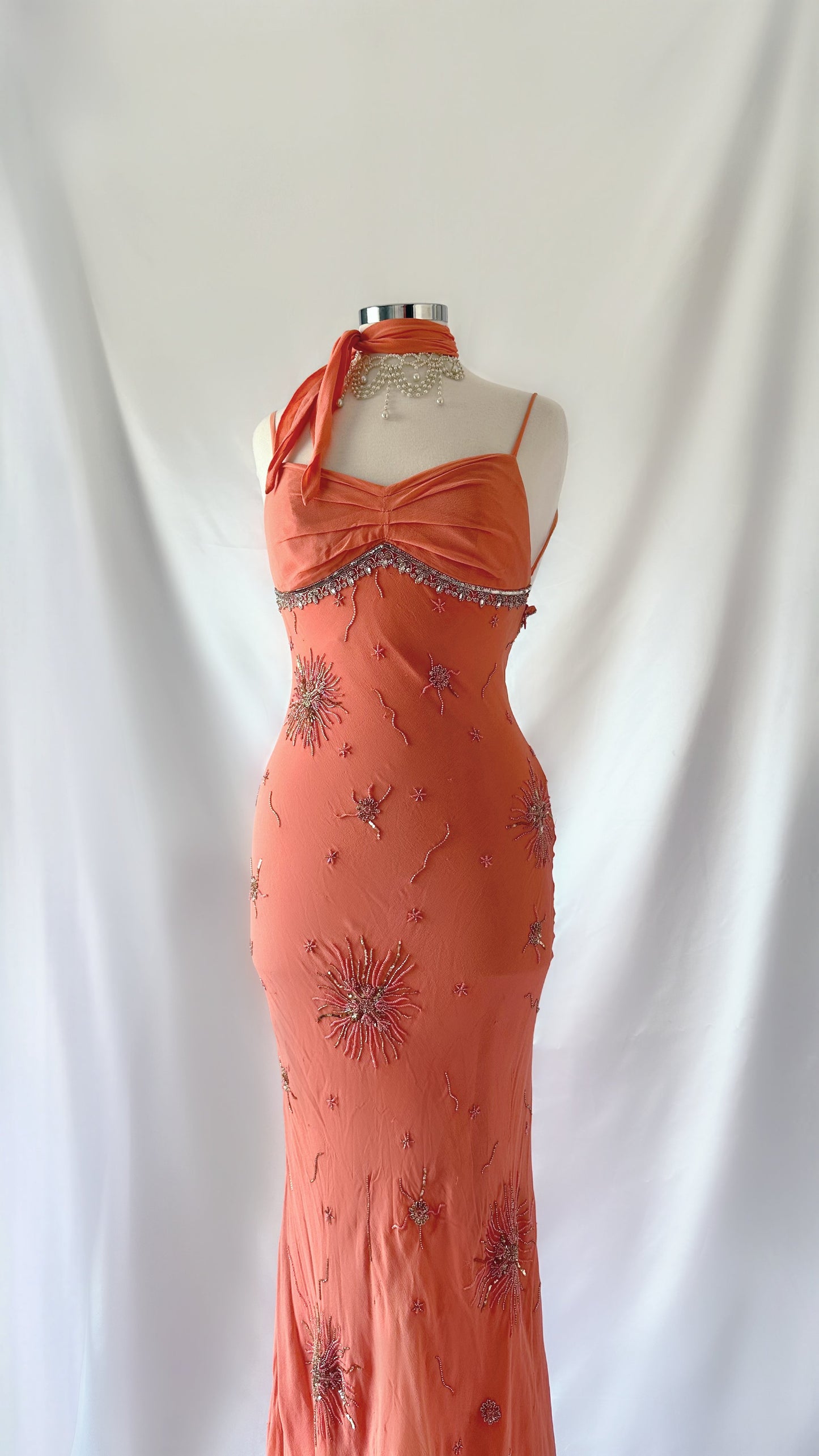 PEACHY EMBELLISHED SILK BACKLESS DRESS & MINI SCARF SET