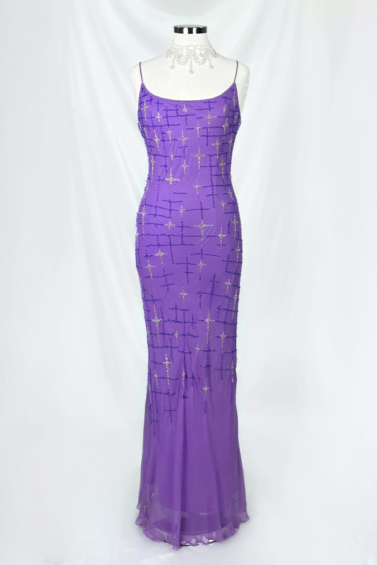 VIOLET STARBURST EMBELLISHED SILK MAXI DRESS