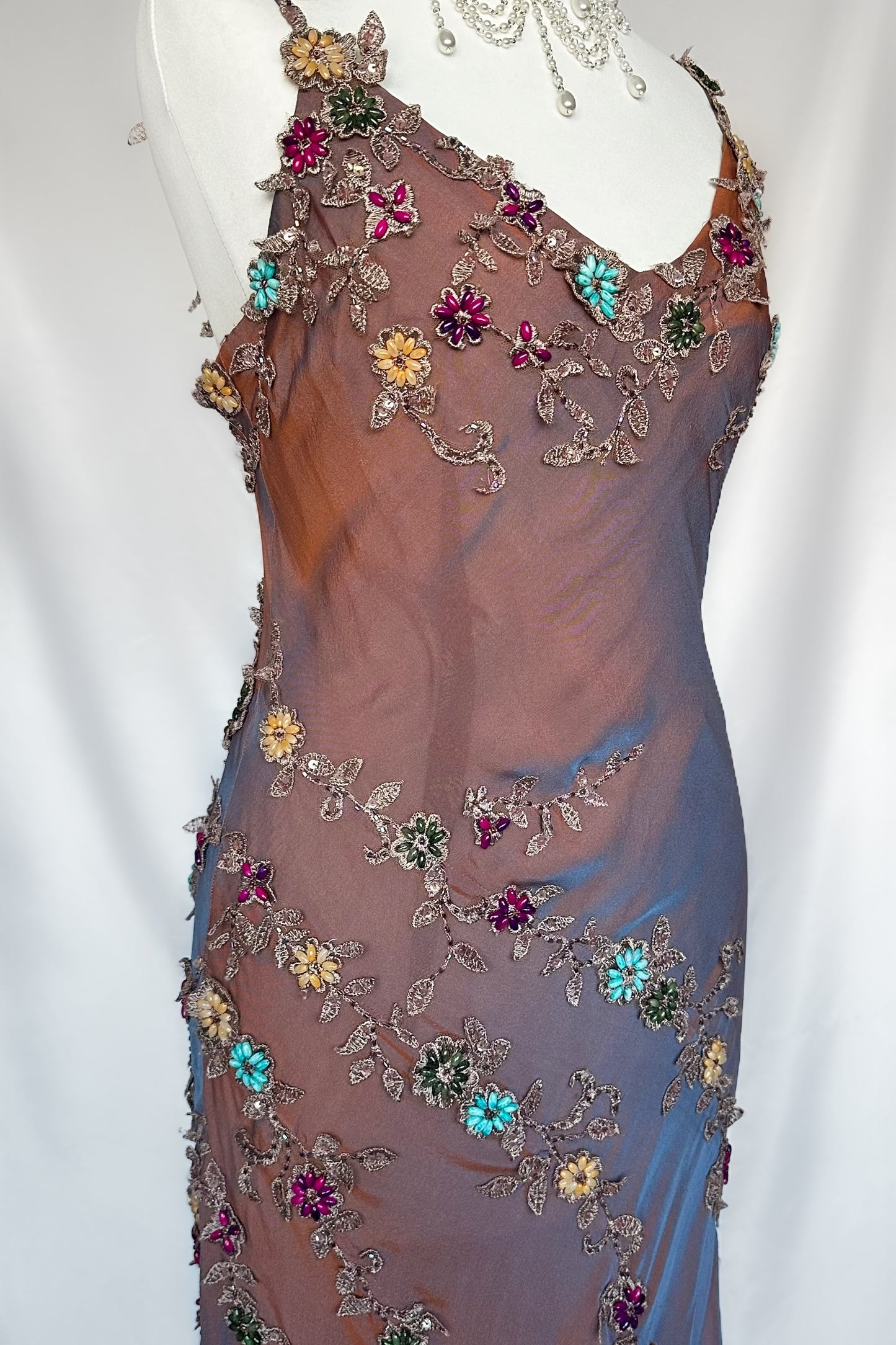 IRIDESCENT DUSK FLORAL EMBELLISHED ASYMMETRICAL MIDI DRESS