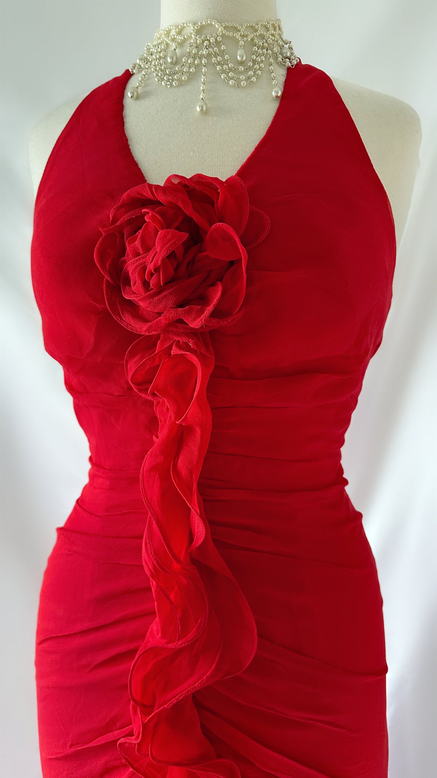 RED ROSE RUFFLE JELLYFISH SILK MAXI DRESS