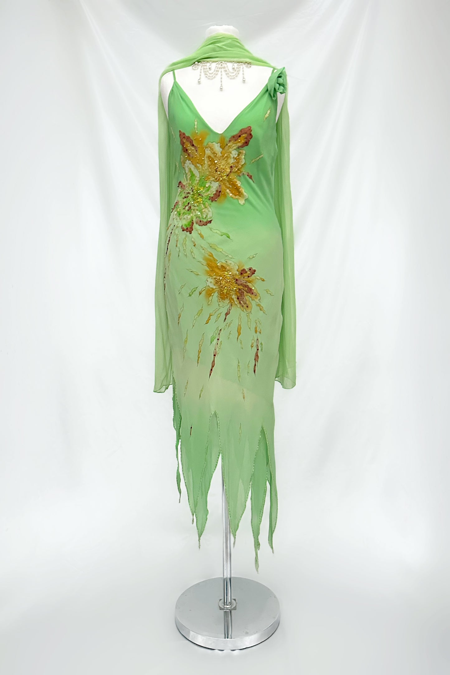 Sage Mint Fairy Silk Embellished Midi Dress With Matching Shawl