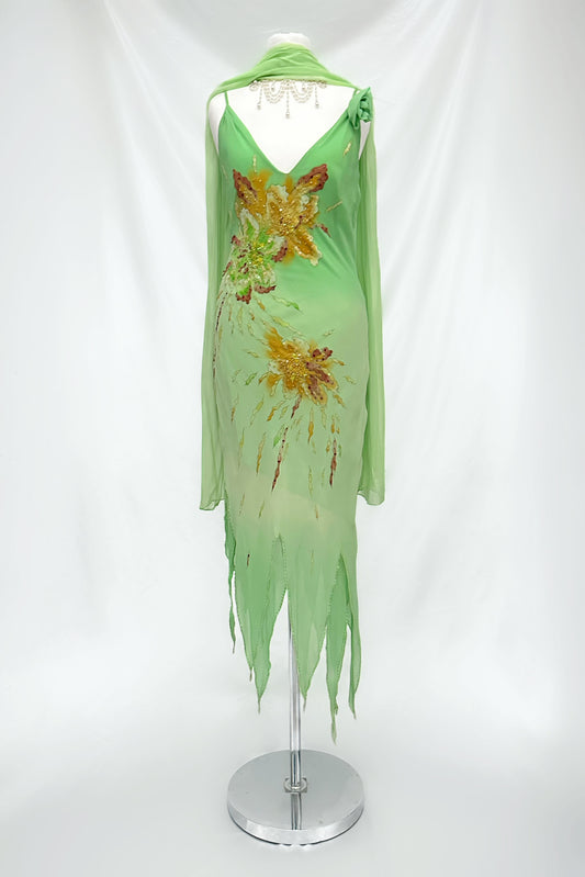 Sage Mint Fairy Silk Embellished Midi Dress With Matching Shawl