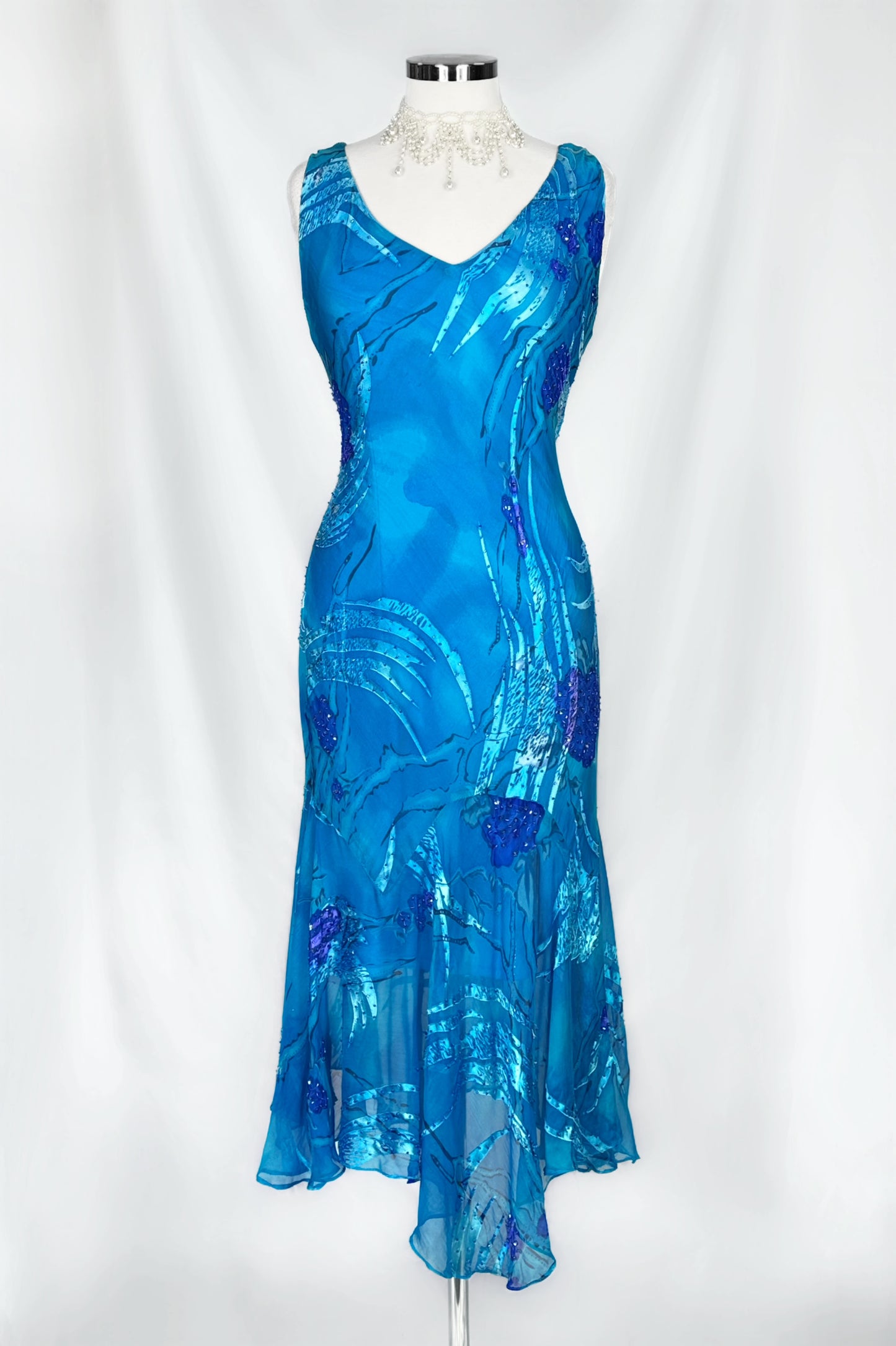 Azure Mirage Embellished Silk Midi Dress