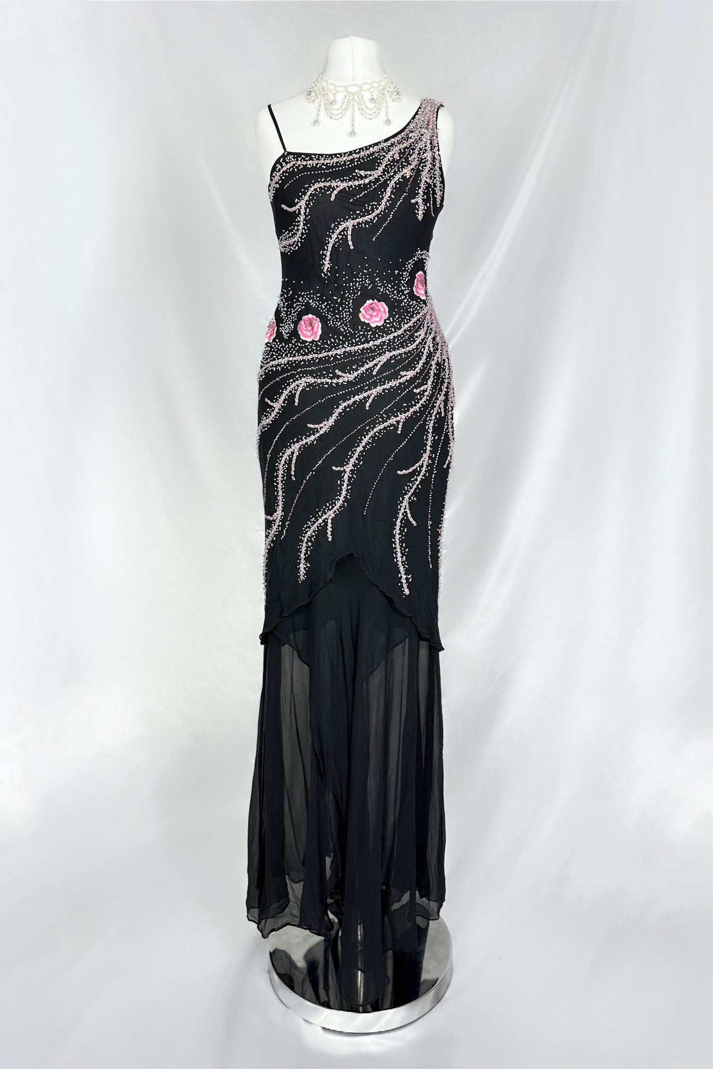 BLACK & PINK BLOSSOM EMBELLISHED SILK MAXI DRESS