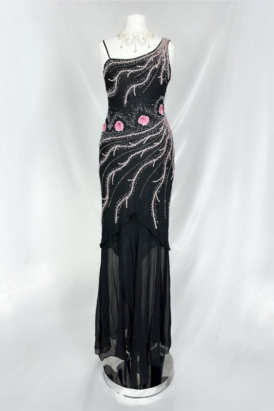 BLACK & PINK BLOSSOM EMBELLISHED SILK MAXI DRESS