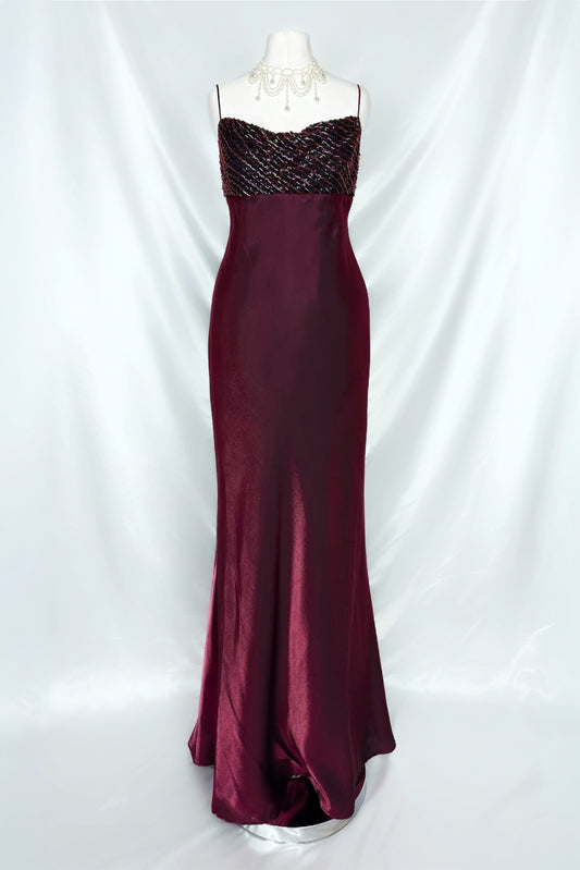 BURGUNDY IRIDESCENT EMBELLISHED COWL MAXI DRESS
