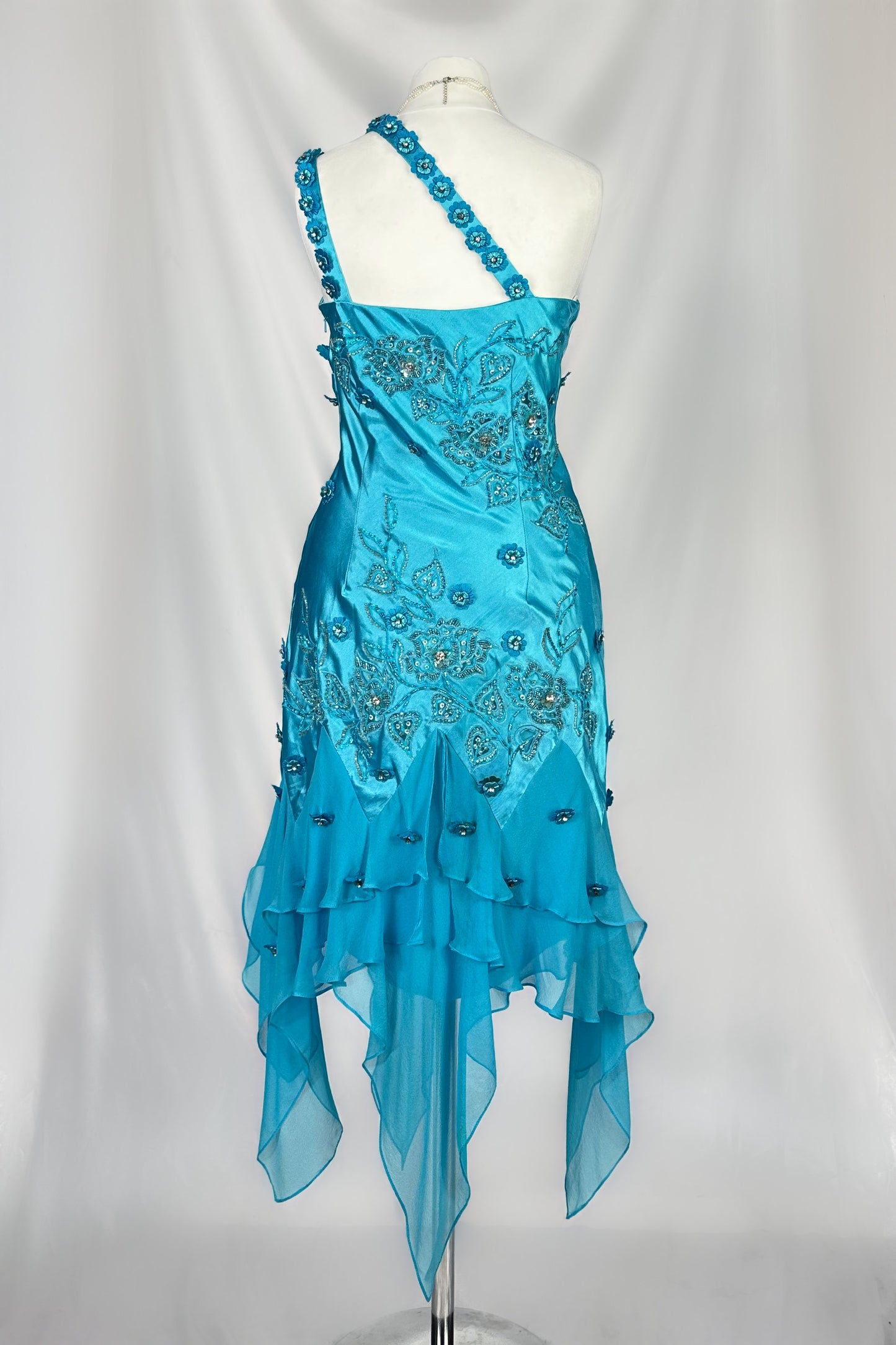 OCEAN BLUE ONE-SHOULDER EMBELLISHED JELLYFISH MIDI DRESS