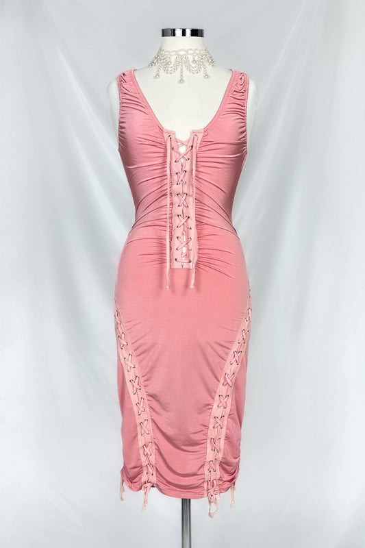 90s PINK CLUB RUCHED SLINKY LACE UP MIDI DRESS