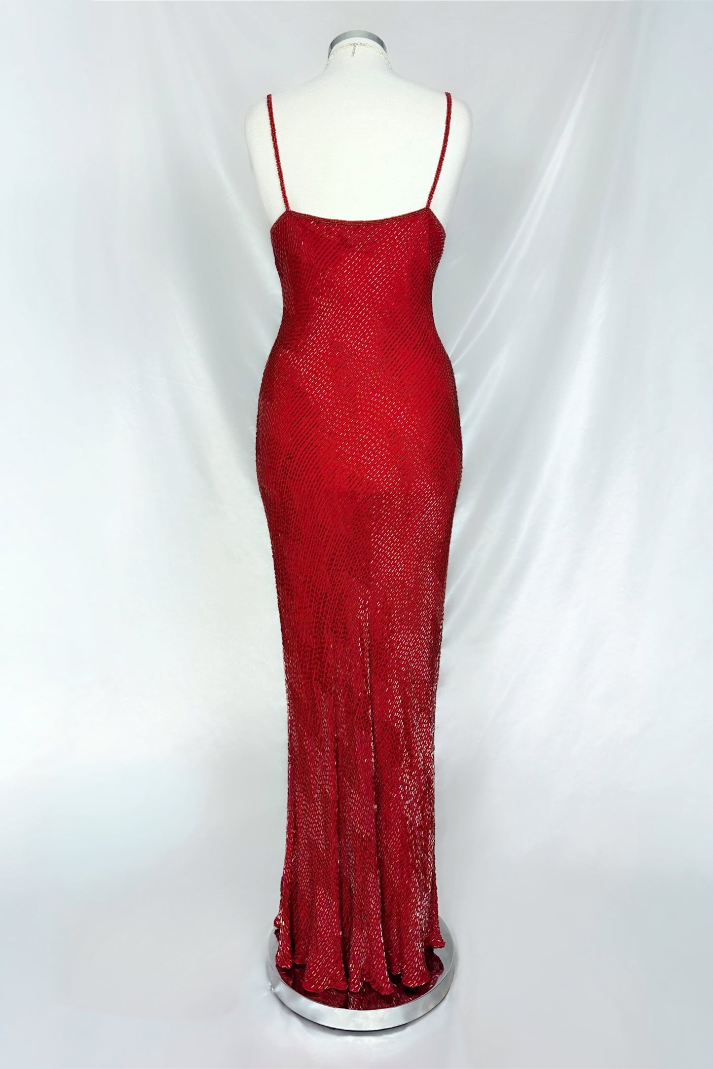 GLIMMERING RUBY EMBELLISHED SILK MAXI DRESS