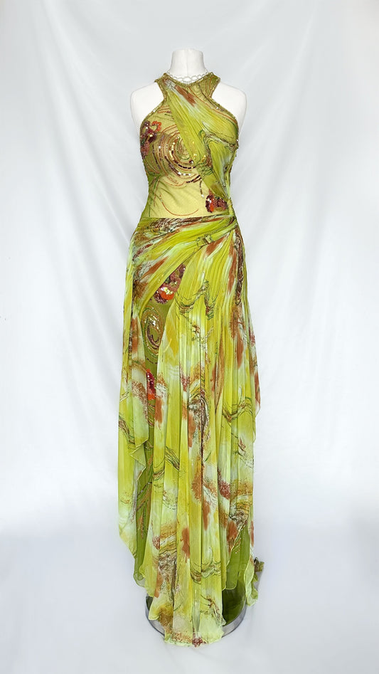 SPRING GREEN CUT OUT DRAPED SILK EMBELLISHED GOWN
