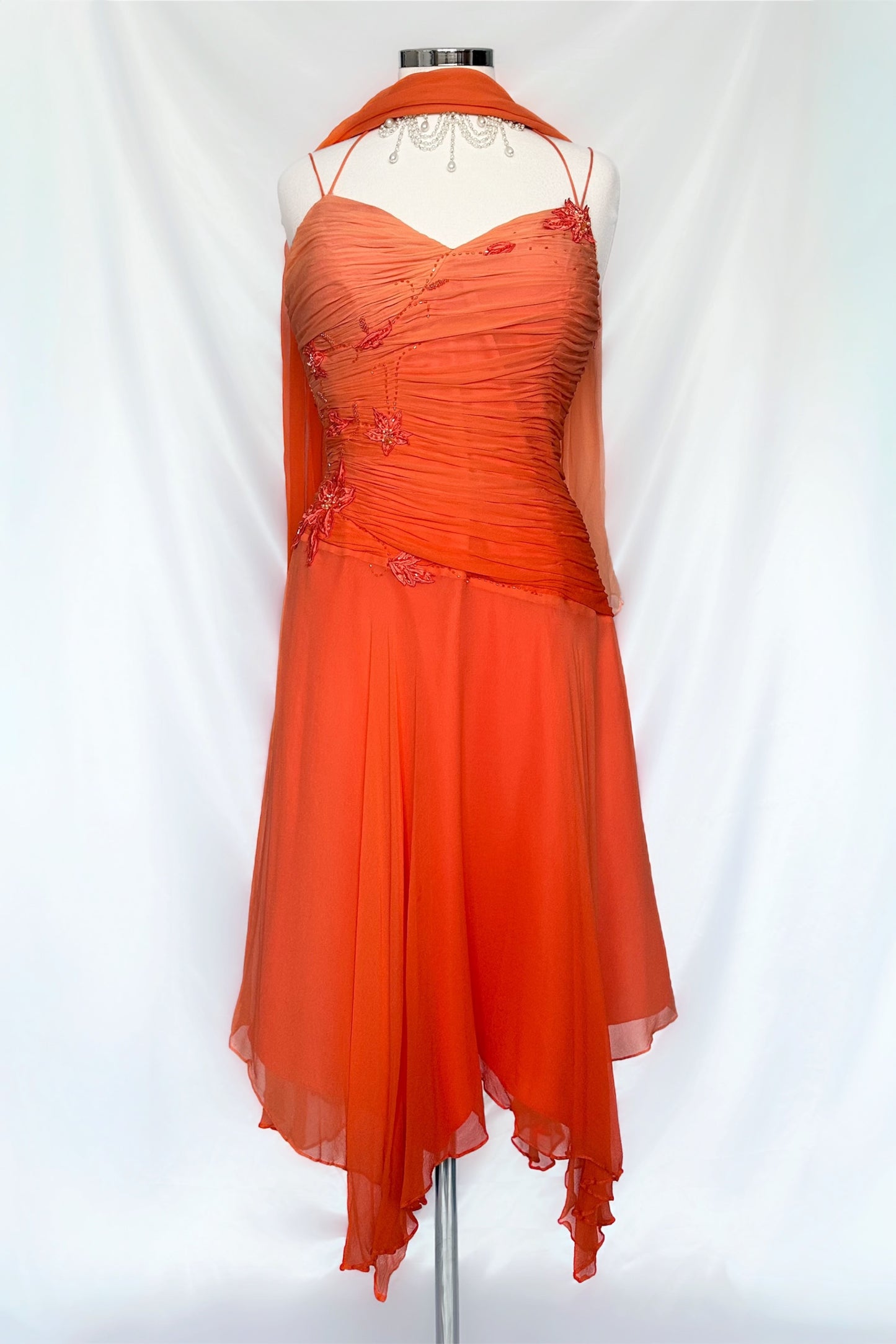 ORANGE OMBRÉ SILK EMBELLISHED MIDI DRESS WITH MATCHING SCARF