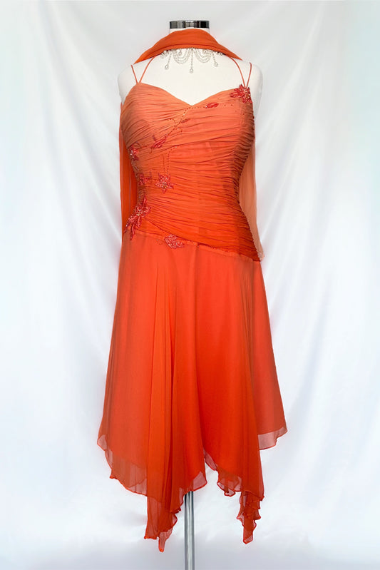 ORANGE OMBRÉ SILK EMBELLISHED MIDI DRESS WITH MATCHING SCARF