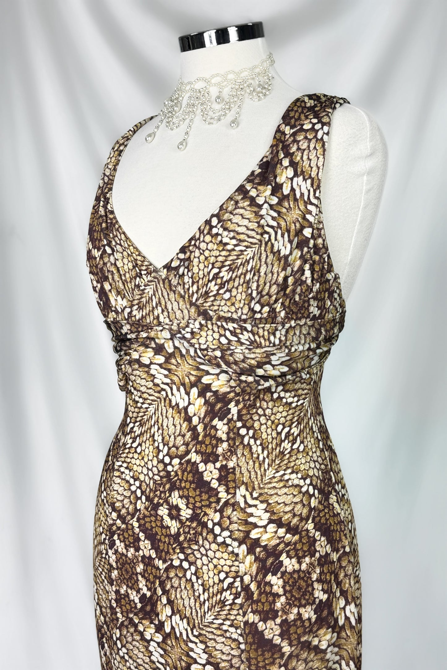 VINTAGE 00s ROBERTO CAVALLI SNAKE PRINT SLINKY MIDI DRESS