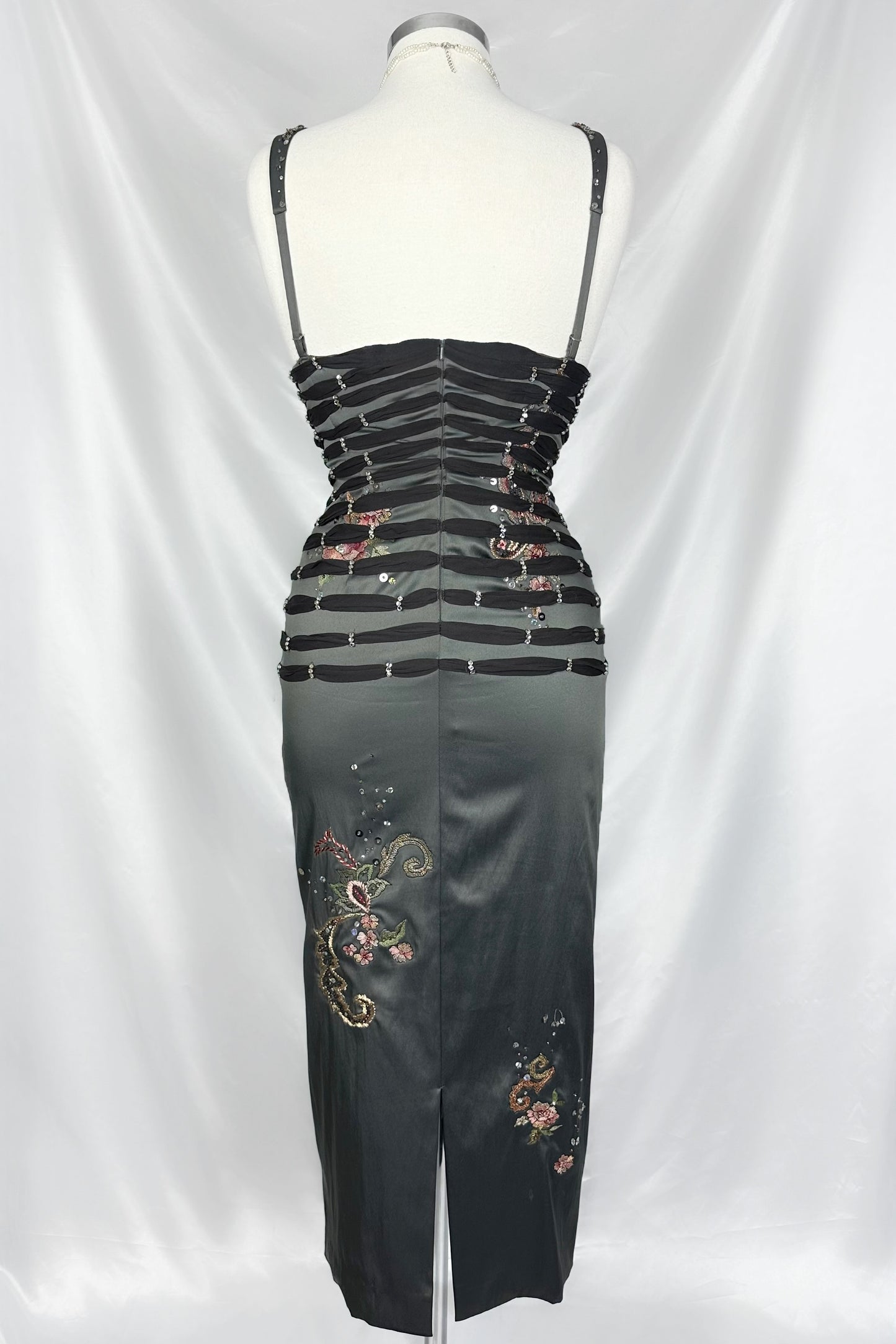 STEEL GREY COUTURE EMBELLISHED V-NECK MIDI DRESS