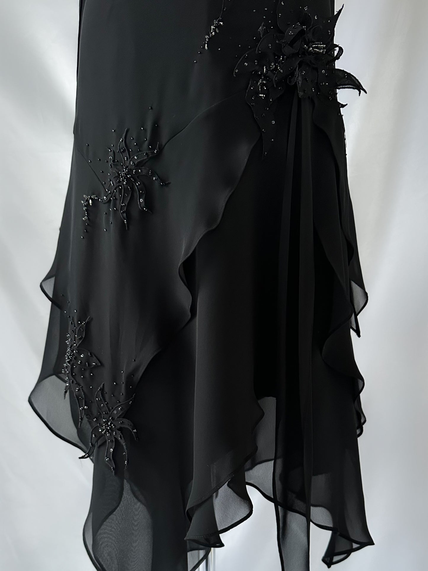 NOIR FLOWER EMBELLISHED ASYMMETRICAL DRESS & SCARF SET