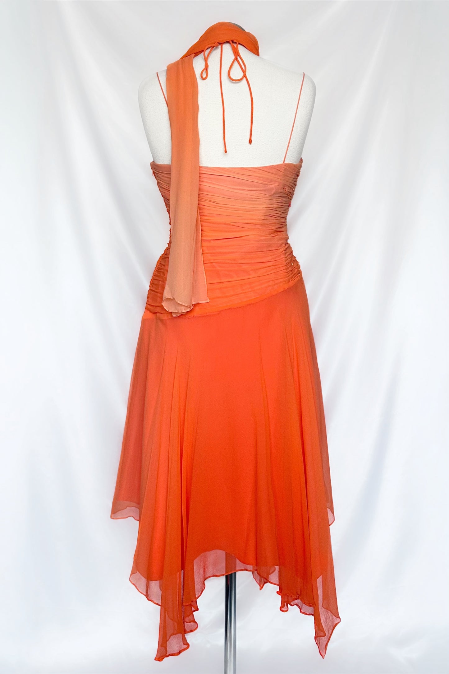ORANGE OMBRÉ SILK EMBELLISHED MIDI DRESS WITH MATCHING SCARF