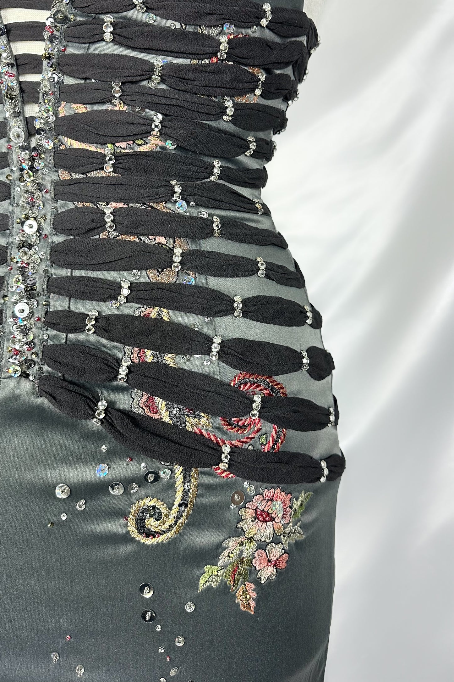 STEEL GREY COUTURE EMBELLISHED V-NECK MIDI DRESS