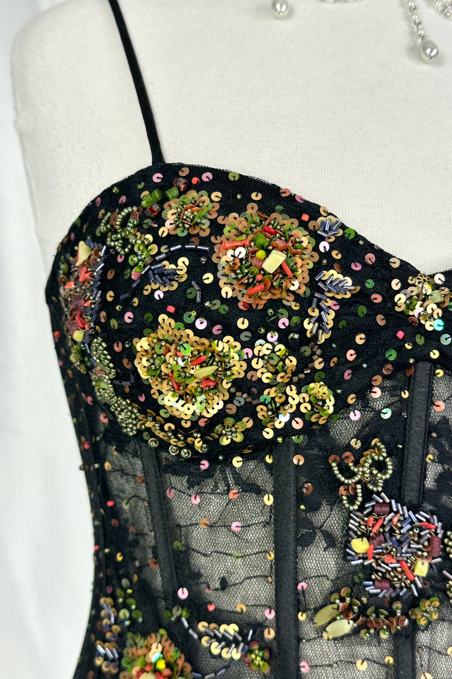 90s French Mesh Embellished Black Corset Top
