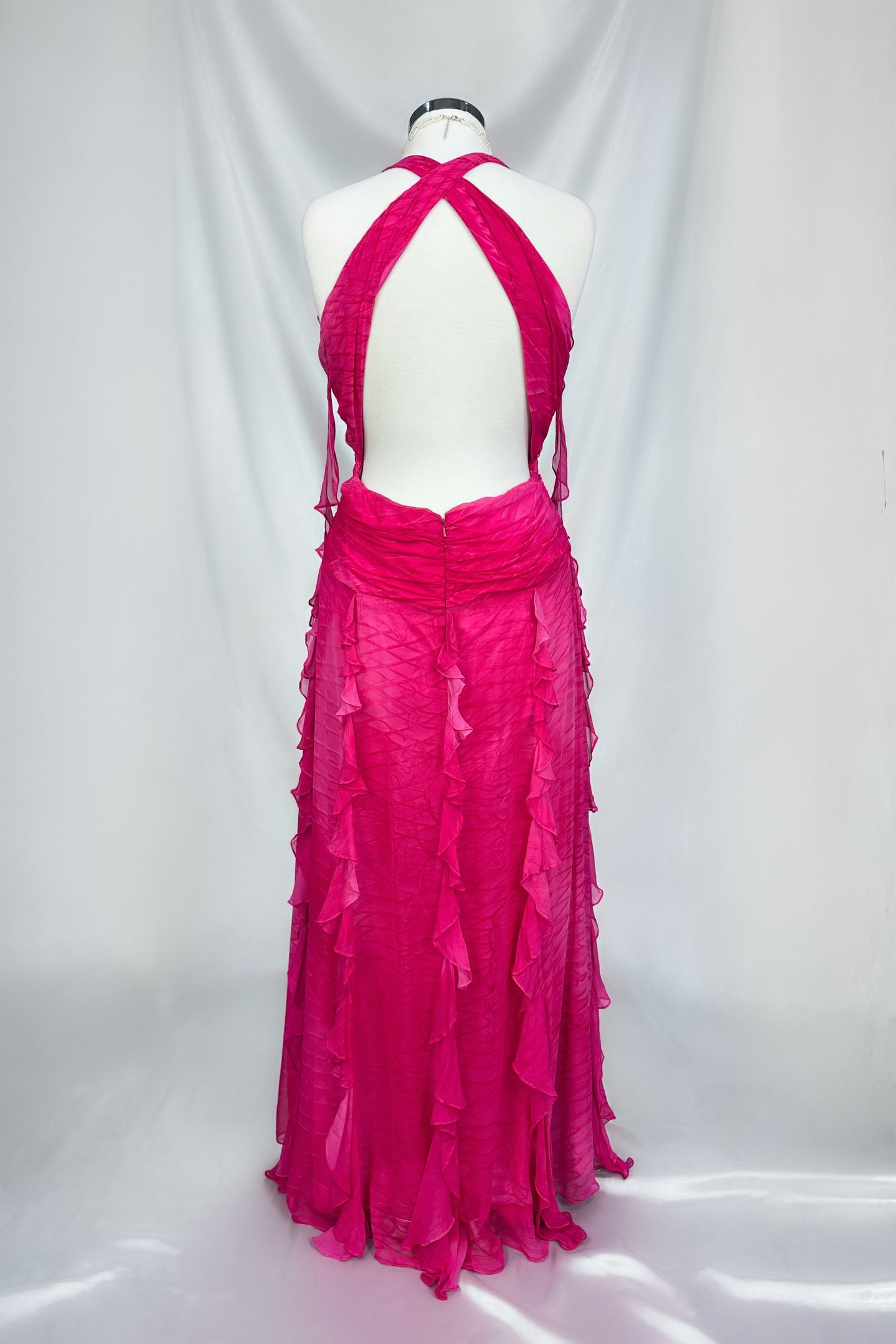 ROSE RUFFLE SILK BACKLESS MAXI DRESS