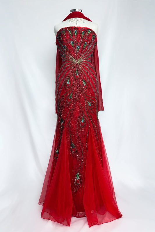 RUBY EMBELLISHED PEACOCK SILK STRAPLESS GOWN WITH MATCHING SCARF