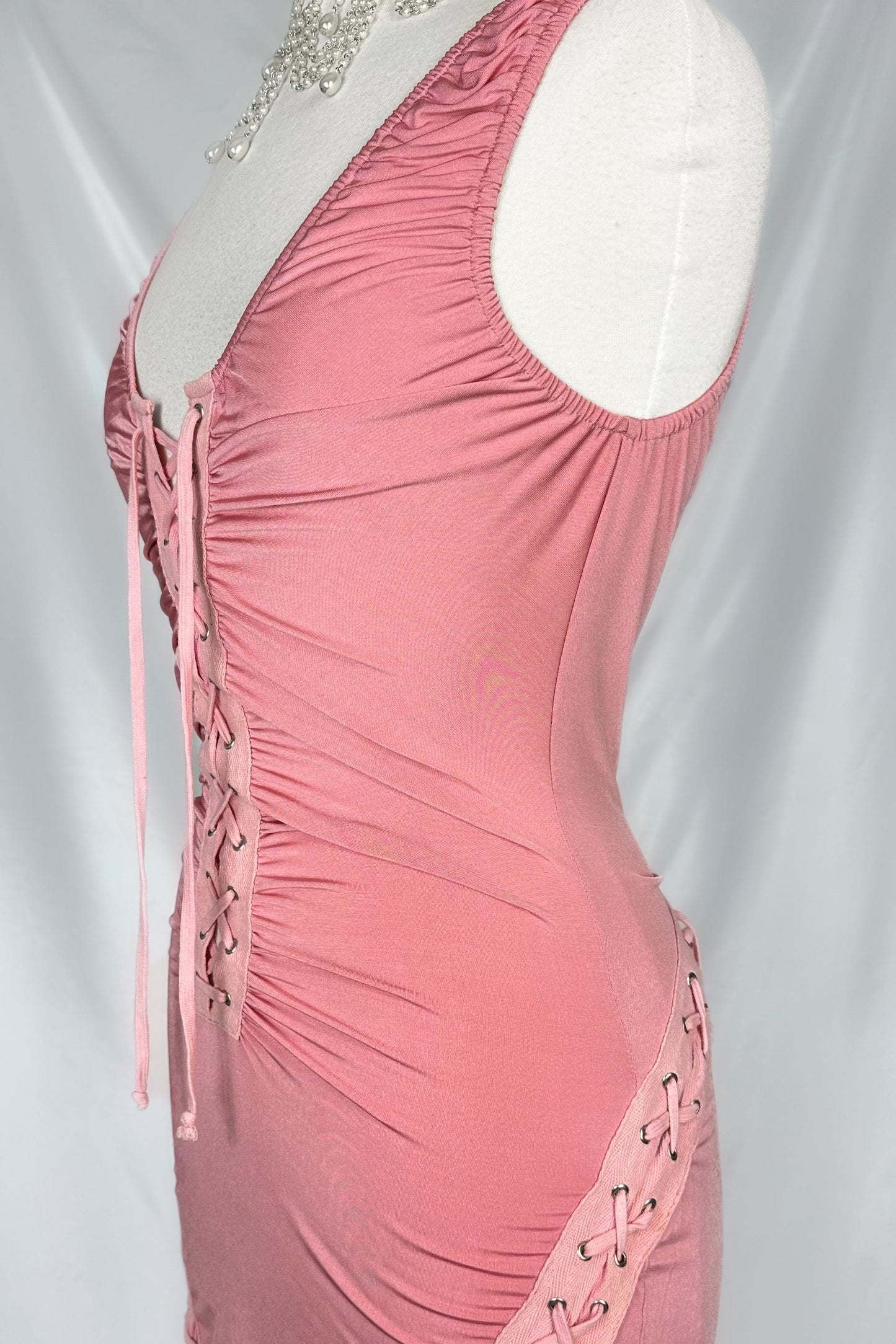 90s PINK CLUB RUCHED SLINKY LACE UP MIDI DRESS