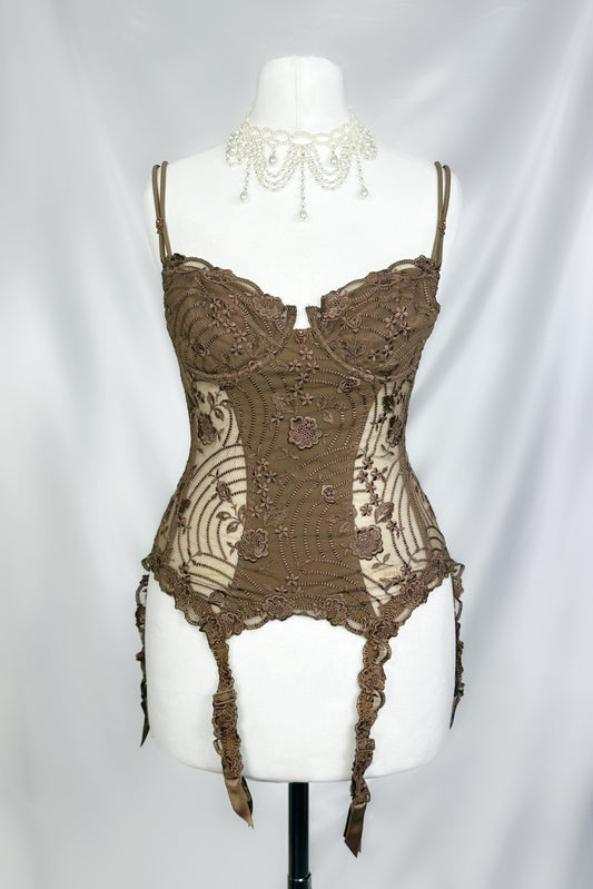 Mocha Brown 90s La Perla Floral Embroidered Corset Top