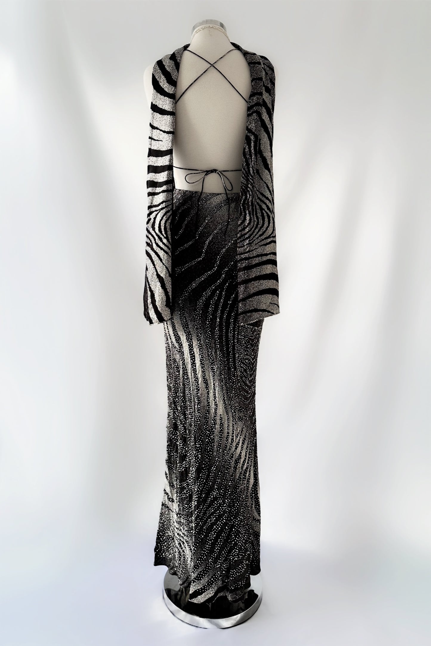 ZEBRA PRINT SILK EMBELLISHED BACKLESS GOWN & SCARF SET
