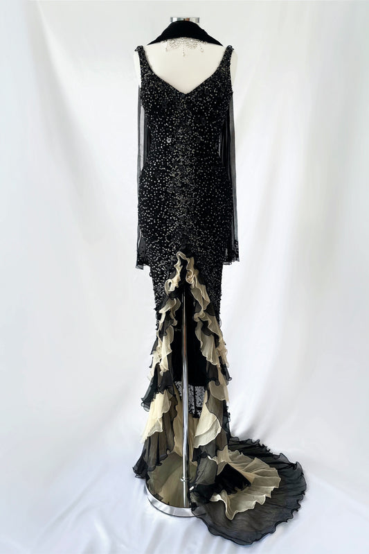 LUXURY FRENCH NOIR RUFFLE EMBELLISHED SILK GOWN & SCARF SET